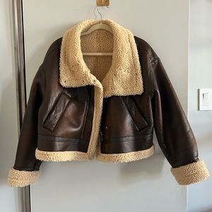 Sherpa crop oversize distressed leather jacket